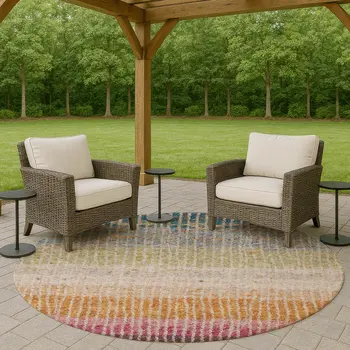 8' Chocolate Orange And Pink Round Striped Washable Indoor Outdoor Area Rug