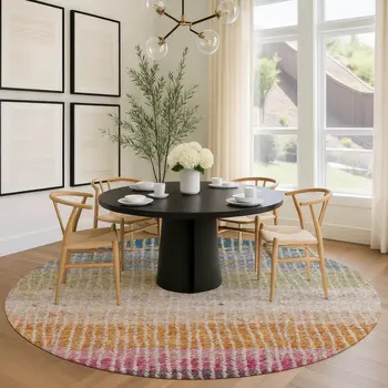 8' Chocolate Orange And Pink Round Striped Washable Indoor Outdoor Area Rug