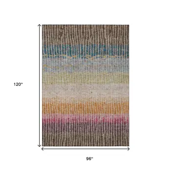 8' X 10' Chocolate Orange And Pink Striped Washable Indoor Outdoor Area Rug