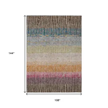 9' X 12' Chocolate Orange And Pink Striped Washable Indoor Outdoor Area Rug