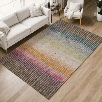 10' X 14' Chocolate Orange And Pink Striped Washable Indoor Outdoor Area Rug