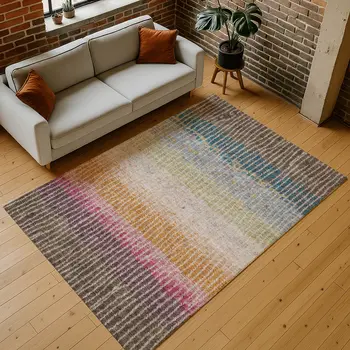 10' X 14' Chocolate Orange And Pink Striped Washable Indoor Outdoor Area Rug