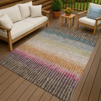 10' X 14' Chocolate Orange And Pink Striped Washable Indoor Outdoor Area Rug