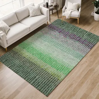 5' X 8' Fern Green And Purple Striped Washable Indoor Outdoor Area Rug