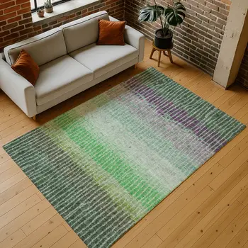 5' X 8' Fern Green And Purple Striped Washable Indoor Outdoor Area Rug