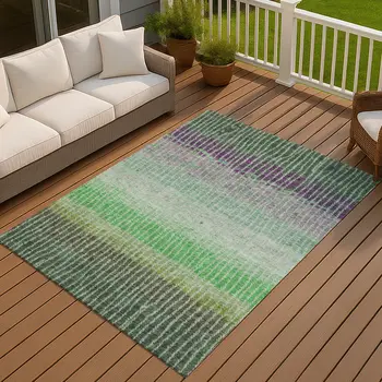 8' X 10' Fern Green And Purple Striped Washable Indoor Outdoor Area Rug