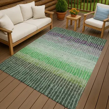 8' X 10' Fern Green And Purple Striped Washable Indoor Outdoor Area Rug