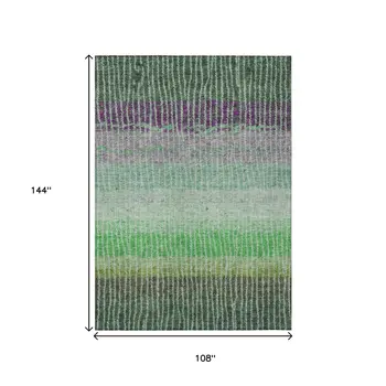 9' X 12' Fern Green And Purple Striped Washable Indoor Outdoor Area Rug