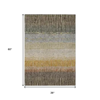 3' X 5' Brown Gold And Gray Striped Washable Indoor Outdoor Area Rug