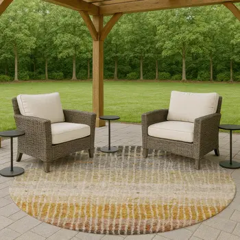 8' Brown Gold And Gray Round Striped Washable Indoor Outdoor Area Rug