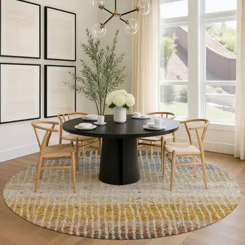 8' Brown Gold And Gray Round Striped Washable Indoor Outdoor Area Rug