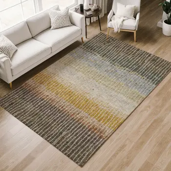 8' X 10' Brown Gold And Gray Striped Washable Indoor Outdoor Area Rug