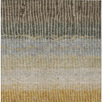 9' X 12' Brown Gold And Gray Striped Washable Indoor Outdoor Area Rug