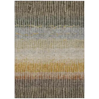 9' X 12' Brown Gold And Gray Striped Washable Indoor Outdoor Area Rug