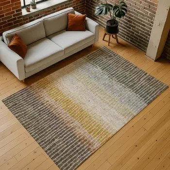 9' X 12' Brown Gold And Gray Striped Washable Indoor Outdoor Area Rug