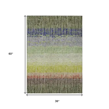 3' X 5' Olive Green Red And Purple Striped Washable Indoor Outdoor Area Rug