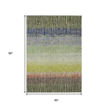 5' X 8' Olive Green Red And Purple Striped Washable Indoor Outdoor Area Rug