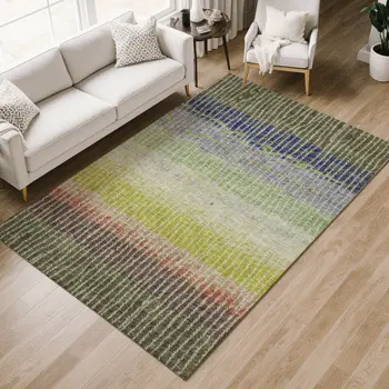 5' X 8' Olive Green Red And Purple Striped Washable Indoor Outdoor Area Rug