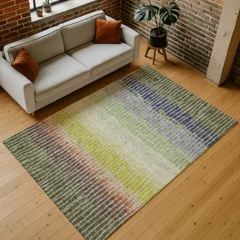 5' X 8' Olive Green Red And Purple Striped Washable Indoor Outdoor Area Rug