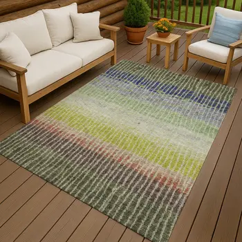 5' X 8' Olive Green Red And Purple Striped Washable Indoor Outdoor Area Rug