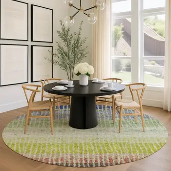 8' Olive Green Red And Purple Round Striped Washable Indoor Outdoor Area Rug