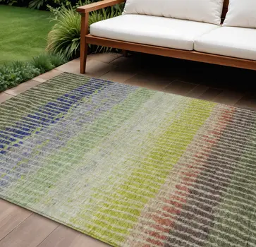 9' X 12' Olive Green Red And Purple Striped Washable Indoor Outdoor Area Rug