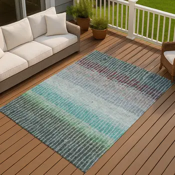 3' X 5' Teal Blue And Green Striped Washable Indoor Outdoor Area Rug