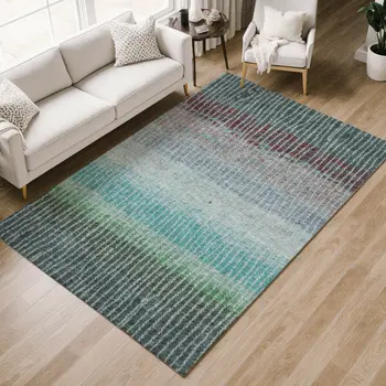 5' X 8' Teal Blue And Green Striped Washable Indoor Outdoor Area Rug