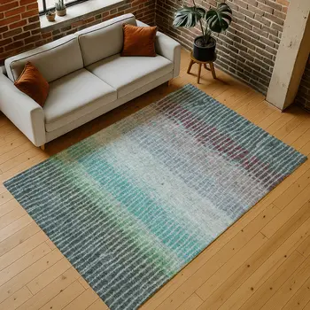 5' X 8' Teal Blue And Green Striped Washable Indoor Outdoor Area Rug