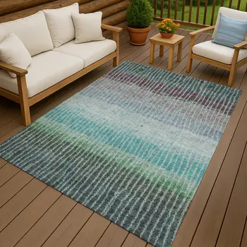 5' X 8' Teal Blue And Green Striped Washable Indoor Outdoor Area Rug