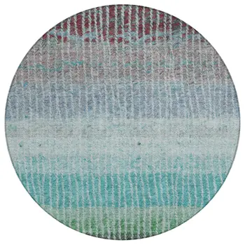 8' Teal Blue And Green Round Striped Washable Indoor Outdoor Area Rug