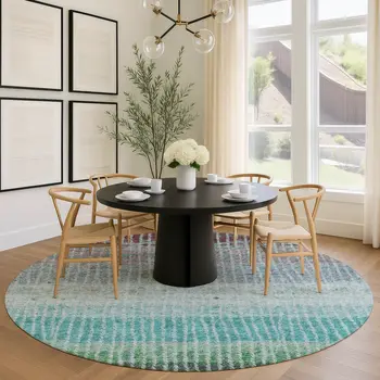 8' Teal Blue And Green Round Striped Washable Indoor Outdoor Area Rug
