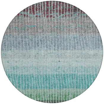 8' Teal Blue And Green Round Striped Washable Indoor Outdoor Area Rug