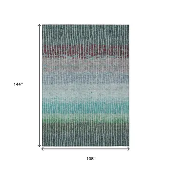 9' X 12' Teal Blue And Green Striped Washable Indoor Outdoor Area Rug