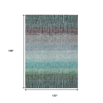10' X 14' Teal Blue And Green Striped Washable Indoor Outdoor Area Rug