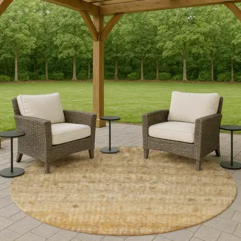 8' Beige And Gold Round Striped Washable Indoor Outdoor Area Rug