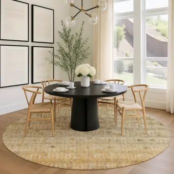 8' Beige And Gold Round Striped Washable Indoor Outdoor Area Rug