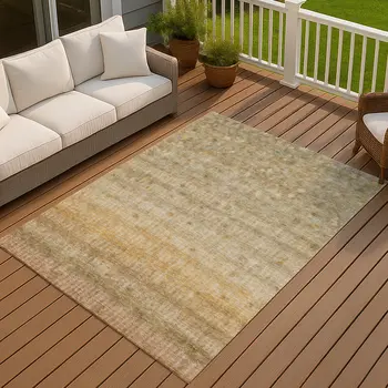 9' X 12' Beige And Gold Striped Washable Indoor Outdoor Area Rug