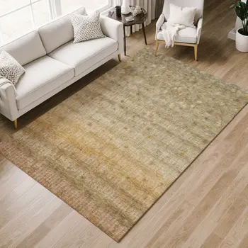 9' X 12' Beige And Gold Striped Washable Indoor Outdoor Area Rug