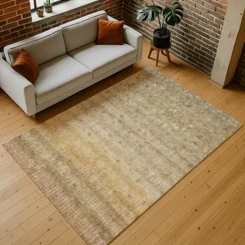9' X 12' Beige And Gold Striped Washable Indoor Outdoor Area Rug