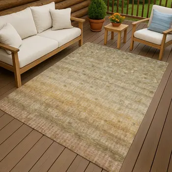 9' X 12' Beige And Gold Striped Washable Indoor Outdoor Area Rug