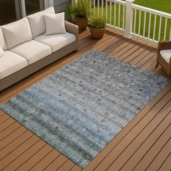 10' X 14' Blue And Gray Striped Washable Indoor Outdoor Area Rug