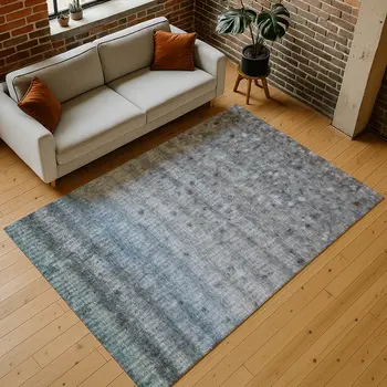 10' X 14' Blue And Gray Striped Washable Indoor Outdoor Area Rug