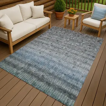 10' X 14' Blue And Gray Striped Washable Indoor Outdoor Area Rug