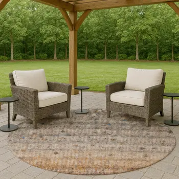 8' Gray And Copper Round Striped Washable Indoor Outdoor Area Rug