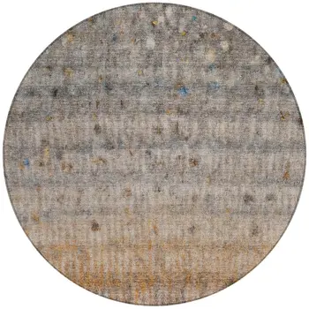 8' Gray And Copper Round Striped Washable Indoor Outdoor Area Rug
