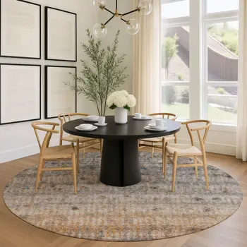 8' Gray And Copper Round Striped Washable Indoor Outdoor Area Rug