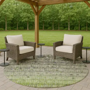 8' Green And Gray Round Striped Washable Indoor Outdoor Area Rug