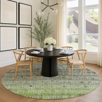 8' Green And Gray Round Striped Washable Indoor Outdoor Area Rug