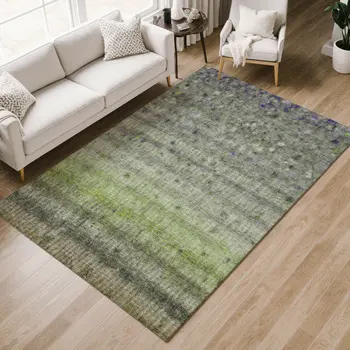 8' X 10' Green And Gray Striped Washable Indoor Outdoor Area Rug